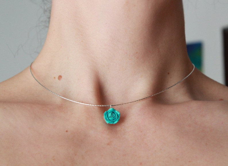 Turquoise necklace 925 Sterling silver choker with flower pendant chain Floral choker collar Handmade pendant rose jewelry Unique gift girl image 1