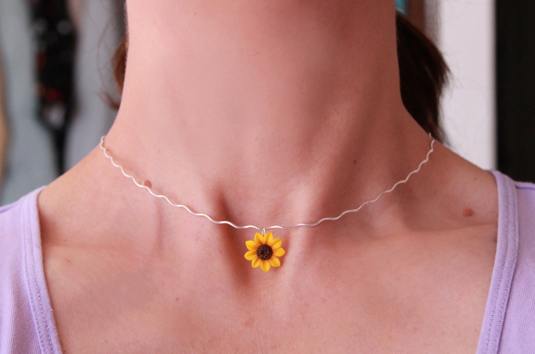 Sunflower Choker Sterling Silver, Sunflower Necklace Pendant, Polymer Clay Flower Necklace Charm