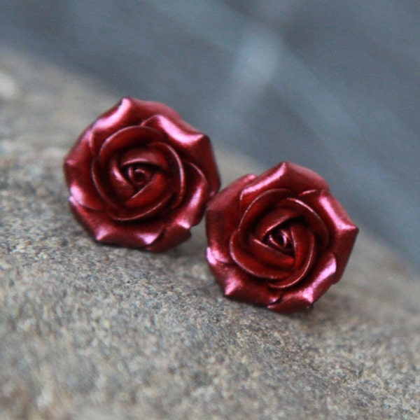 Dark red rose stud earrings Burgundy earrings clay Red pearl Polymer clay flower earrings Delicate jewelry Floral post earrings silver 925