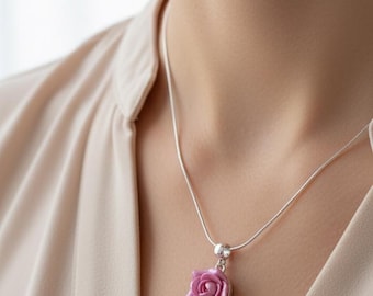 Pink Rose Flower Pendant | Sculpted Polymer Charm | Dainty floral Wedding Gift
