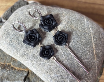 Black earrings dangle, Super long earrings flower, Polymer clay floral earrings, Crystal hoop earrings with roses, Black rose earrings clay