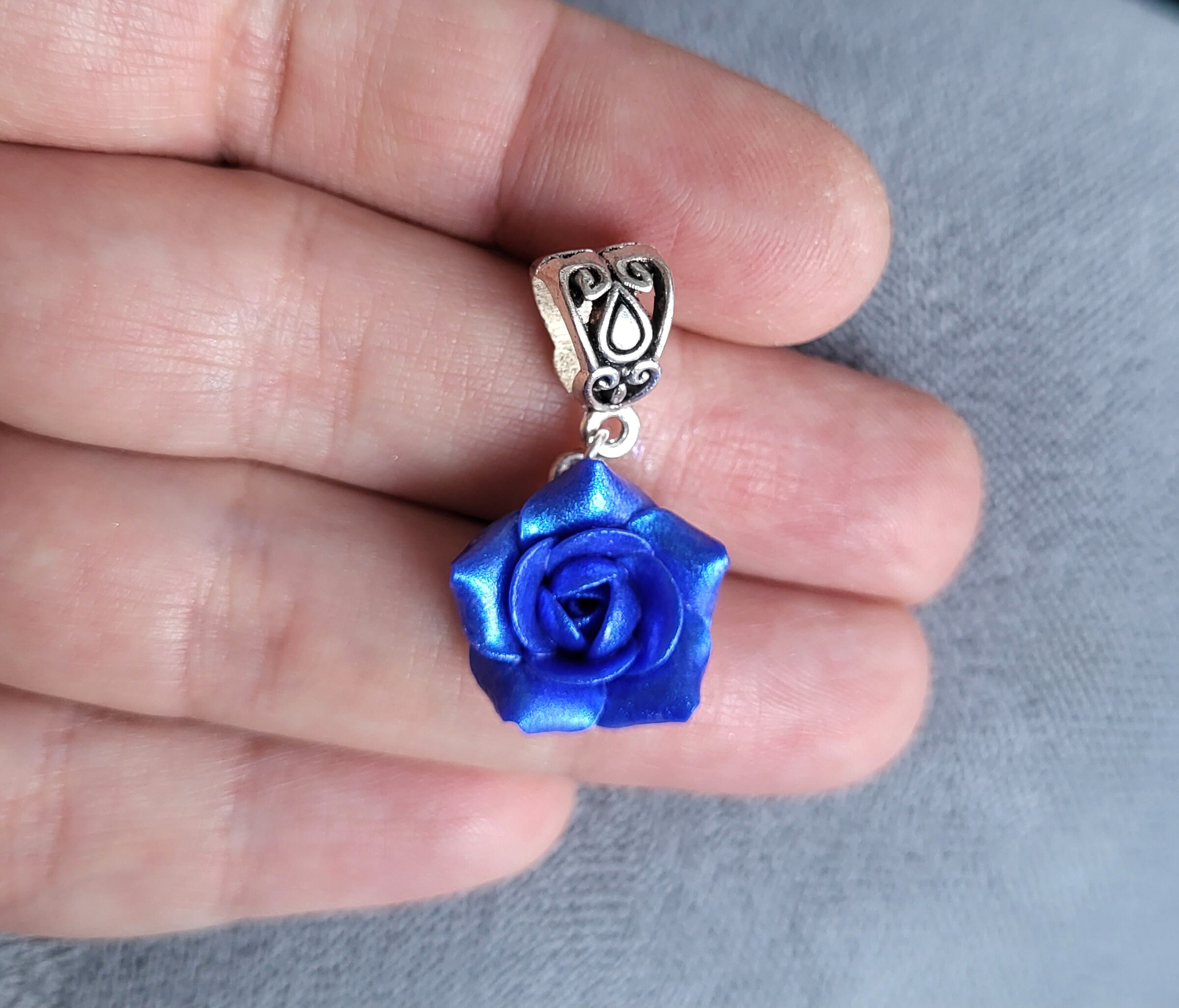 Navy Blue Rose Necklace, Snake Chain Necklace With Charm, Dark 