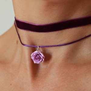 Lilac rose choker necklace Collar choker velvet for women Pink rose necklace Choker velvet ribbon purple Floral necklace gift