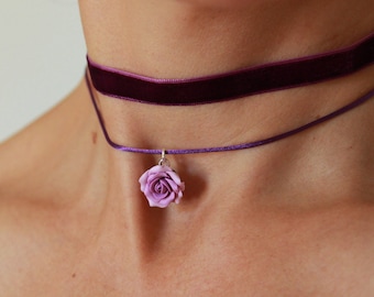 Lilac rose choker necklace Collar choker velvet for women Pink rose necklace Choker velvet ribbon purple Floral necklace gift