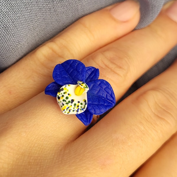 Handmade flower ring adjustable/ Indigo Blue orchid ring/ Polymer clay floral jewelry