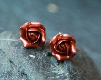 Copper stud earrings - Polymer clay earrings terracota - Rose stud earring