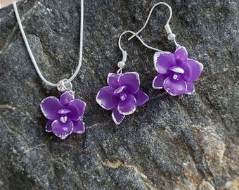 Violet jewelry set, Purple orchid necklace, Dangle earrings charm, Polymer clay earrings flower, Clay flower earrings