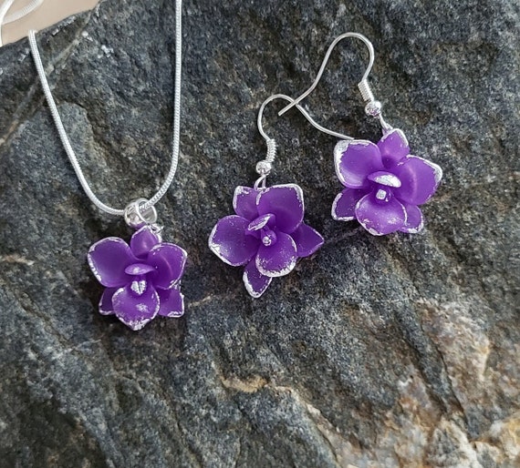 Violet Jewelry Set, Purple Orchid Necklace, Dangle Earrings Charm