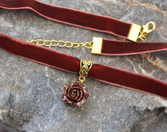 Brown velvet choker , Collar choker velvet for women, Dark chocolate choker, Flower necklace , Polymer clay pendant, Dainty flower necklace