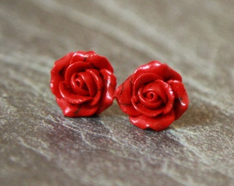 Red coral stud earrings -Red flower earrings-  Rose earrings stud sterling silver - Polymer clay flower jewelry for women