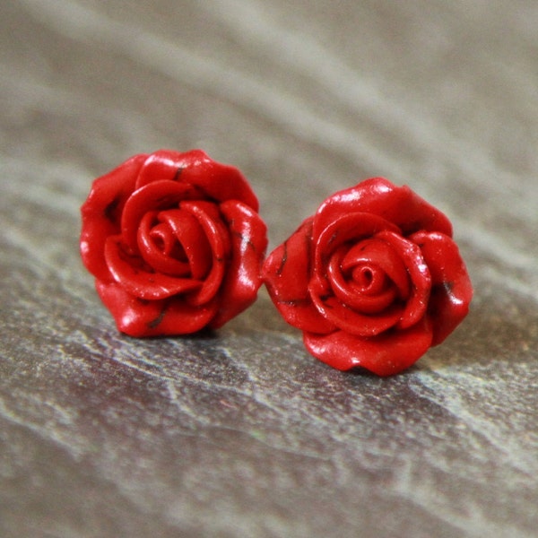 Red coral stud earrings -Red flower earrings-  Rose earrings stud sterling silver - Polymer clay flower jewelry for women