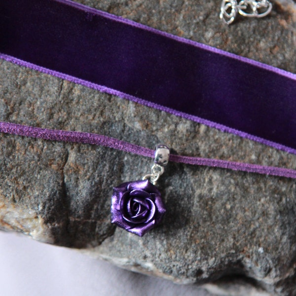 Collier ras de cou en velours violet - Collier rose pourpre - Ras de cou large - Collier ras de cou en velours pour femme - Collier fleur violette