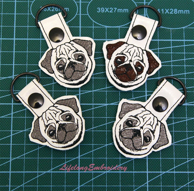 machine embroidery pug key fob design digital key fob pug digital key design