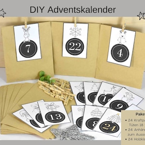 DIY Advent calendar with paper bags, numbers and wooden clips with motifs
