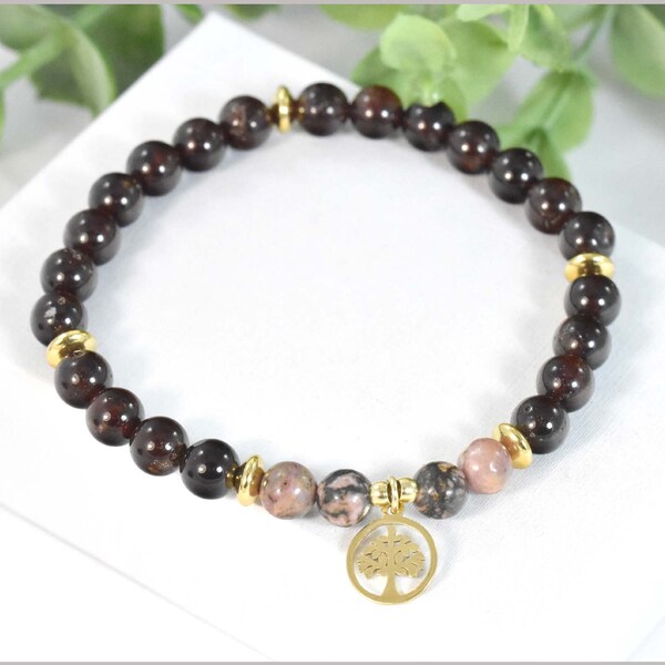 Gemstone bracelet with garnet and rhodonite 6 mm and tree of life