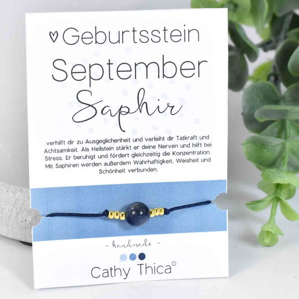 Geburtsstein September / Saphir Edelstein Armband nach Wahl mit Spruchkarte