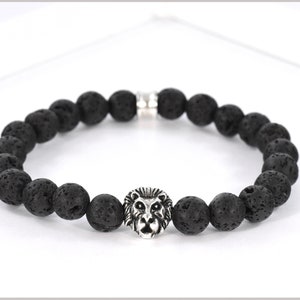 Lava Gemstone Bracelet for Men with Lion's Head