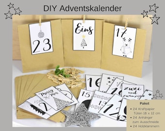 Adventskalender DIY mit Papiertüten, Zahlen und Holzklammern mit Motiven