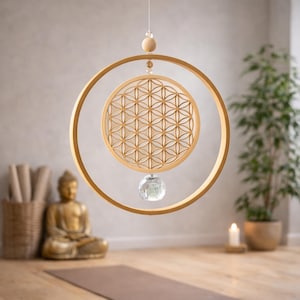 Sun Catcher Blume des Lebens aus Holz – Fensterdeko mit Kristall, spirituelle Deko, Geschenk für Yoga & Meditation SC-H-BDL-1