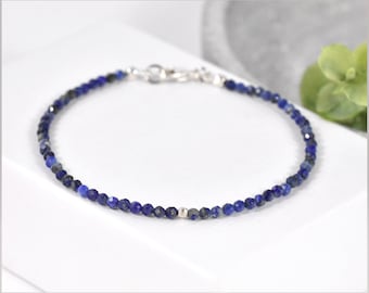 Bracelet en pierres précieuses Lapis Lazuli 2 mm avec pendaison en argent 925 fabriqué