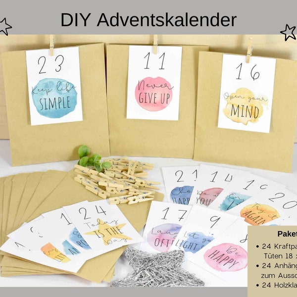 Adventskalender DIY mit Papiertüten, Zahlen und Holzklammern mir spirituellen Motiven