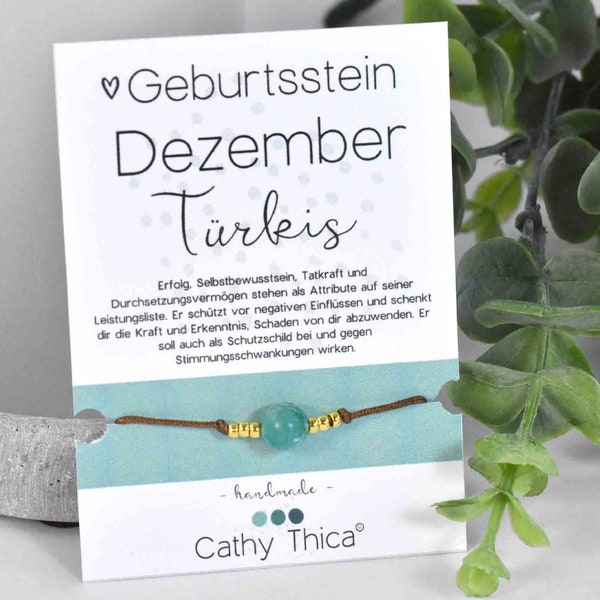 Geburtsstein Dezember / Türkis Edelstein Armband nach Wahl mit Spruchkarte