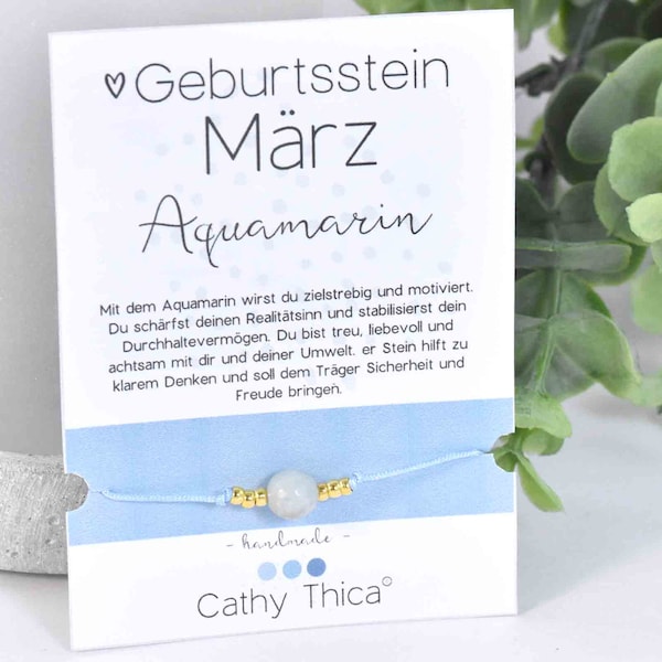 Geburtsstein März/ Aquamarin Edelstein Armband nach Wahl mit Spruchkarte