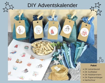 Adventskalender DIY mit 24 Säckchen zum Befüllen, 24 Aufkleber und Holzklammern