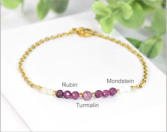 Turmalin Rubin Mondstein Edelsteinarmband mit Edelstahl