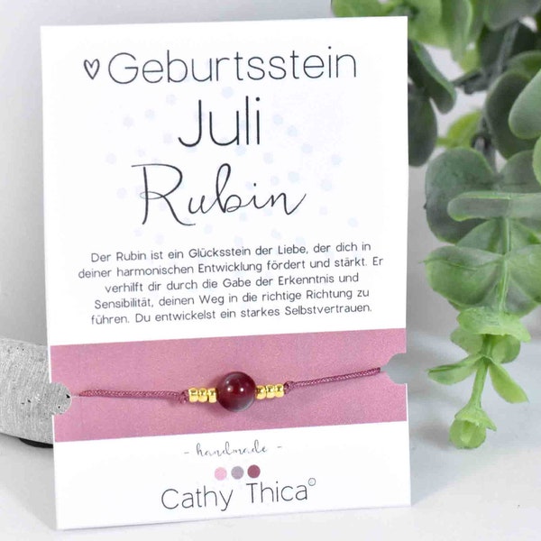 Geburtsstein Juli / Rubin Edelstein Armband nach Wahl mit Spruchkarte