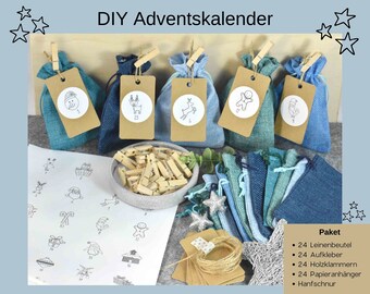 Adventskalender DIY mit 24 Säckchen zum Befüllen, 24 Aufkleber und Holzklammern