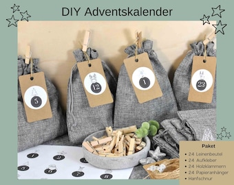 Calendrier de l’Avent DIY avec 24 sacs à remplir, 24 autocollants et clips en bois