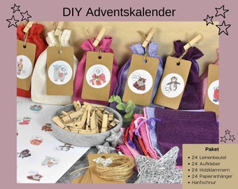 Adventskalender DIY mit 24 Säckchen zum Befüllen, 24 Aufkleber und Holzklammern