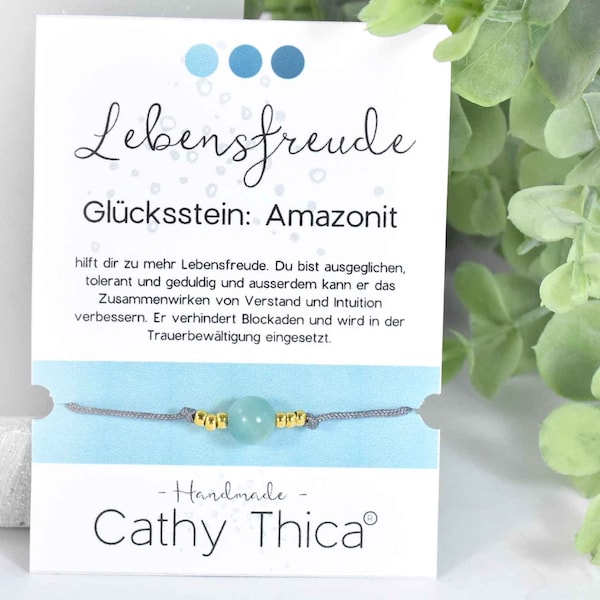 Armband mit Amazonit Edelstein mit Spruchkarte Lebensfreude und Bandfarbe nach Wahl