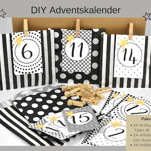 Advent calendar DIY with paper bags, numbers and wooden clips with graphic motifs