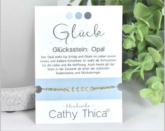 Armband mit Opal Edelstein mit Spruchkarte Glück und Bandfarbe nach Wahl