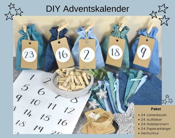 Advent calendar DIY with 24 bags to fill, 24 stickers and wooden clips
