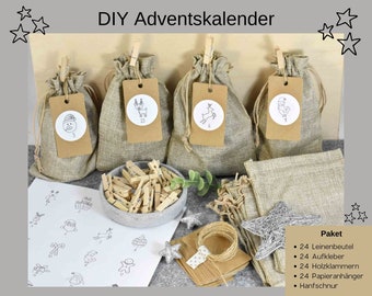 Adventskalender DIY mit 24 Säckchen zum Befüllen, 24 Aufkleber und Holzklammern