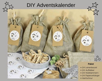 Advent calendar DIY with 24 bags to fill, 24 stickers and wooden clips