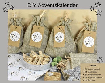 Adventskalender DIY mit 24 Säckchen zum Befüllen, 24 Aufkleber und Holzklammern