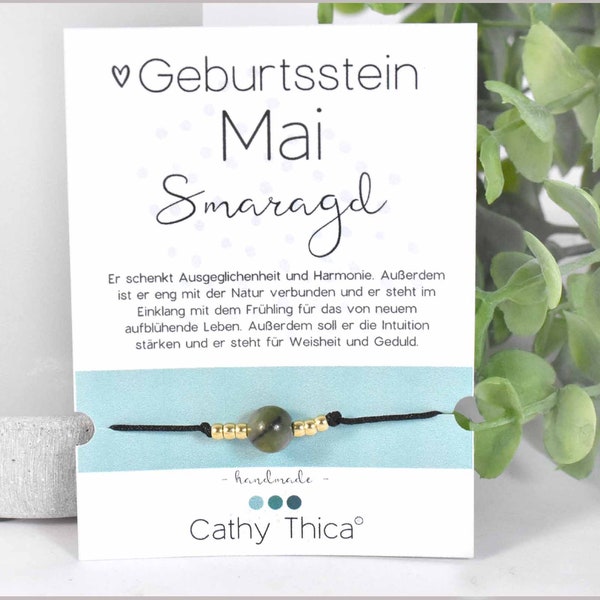 Geburtsstein Mai / Smaragd Edelstein Armband nach Wahl mit Spruchkarte