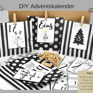 Advent calendar DIY with paper bags, numbers and wooden clips with motifs