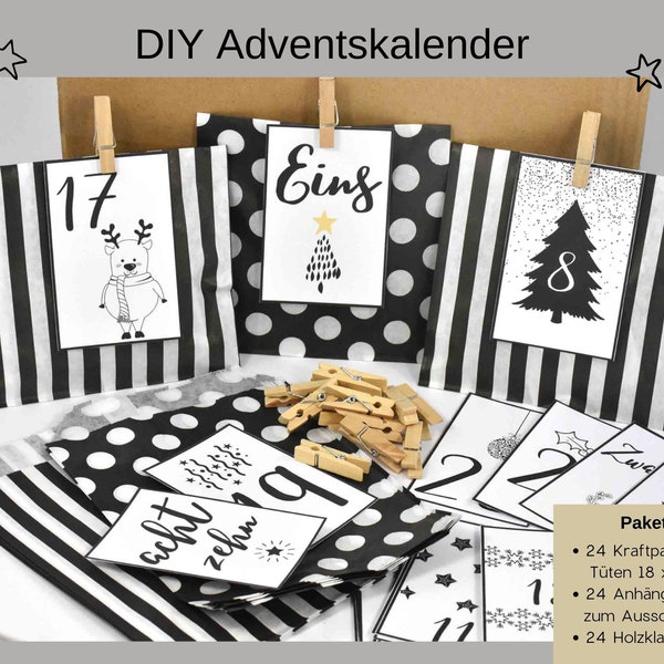 Adventskalender DIY mit Papiertüten, Zahlen und Holzklammern mit Motiven