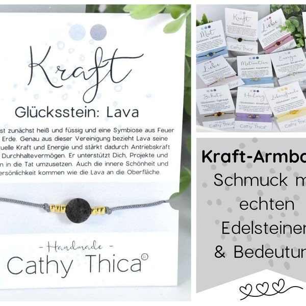 Armband mit Lava Edelstein mit Spruchkarte Kraft und Bandfarbe nach Wahl