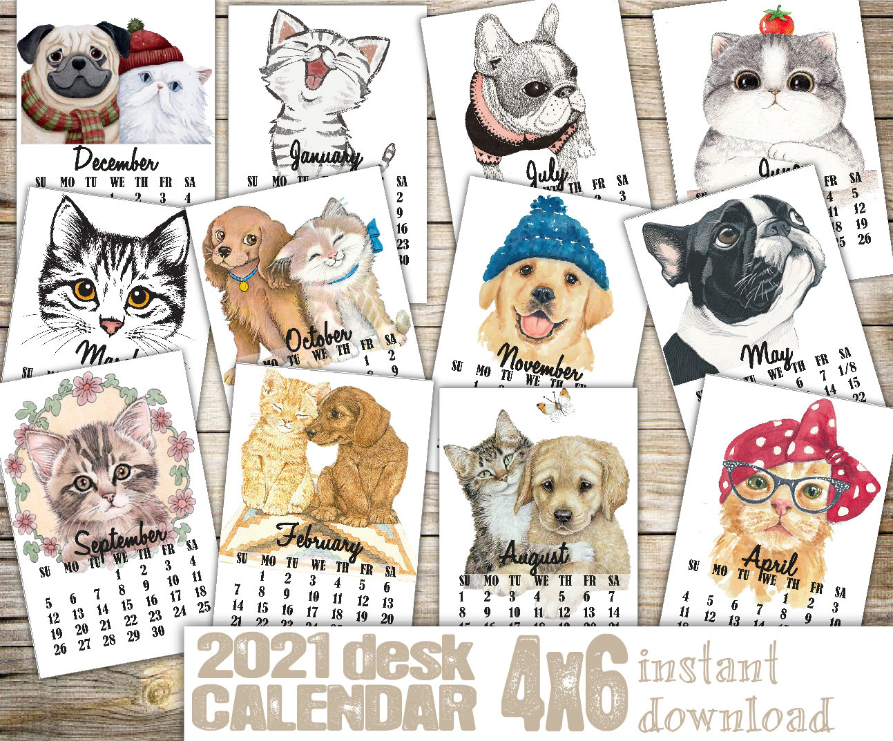 Dog and Cat Desk Calendar/4x6 2021 Printable Calendar/Animal Etsy