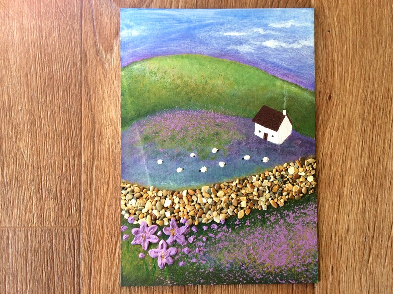 Landscape with sheep in a meadowCountryside With Sheep Acrilyc Art3D Purple Country Landscape PaintingSheep Painting Farmhouse Wall Decor