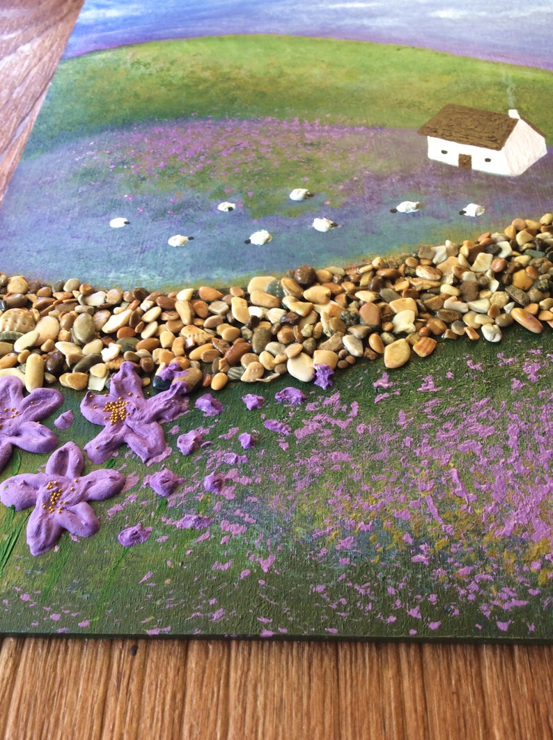 Landscape with sheep in a meadowCountryside With Sheep Acrilyc Art3D Purple Country Landscape PaintingSheep Painting Farmhouse Wall Decor
