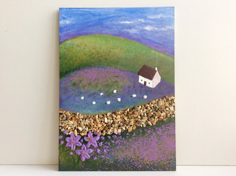 Landscape with sheep in a meadowCountryside With Sheep Acrilyc Art3D Purple Country Landscape PaintingSheep Painting Farmhouse Wall Decor