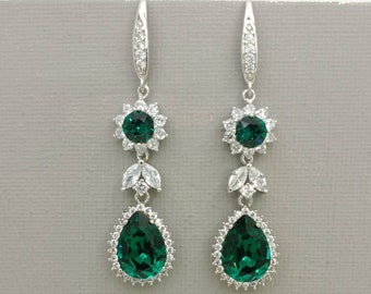 Emerald Earrings, Crystal Wedding Earrings, Dangle Earrings, Silver Bridal Earrings, Swarovski Rhinestone Jewelry for Brides, Rose Gold