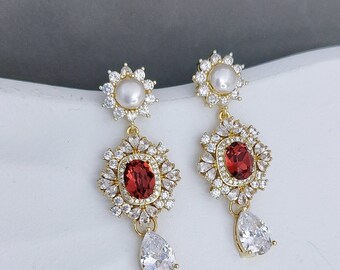 Swarovski Ruby Earrings, Gold Wedding Jewelry, Ruby and Pearl Wedding Jewelry for Bride, CZ Teardrop Oval Round Halo Red Bridal Earrings